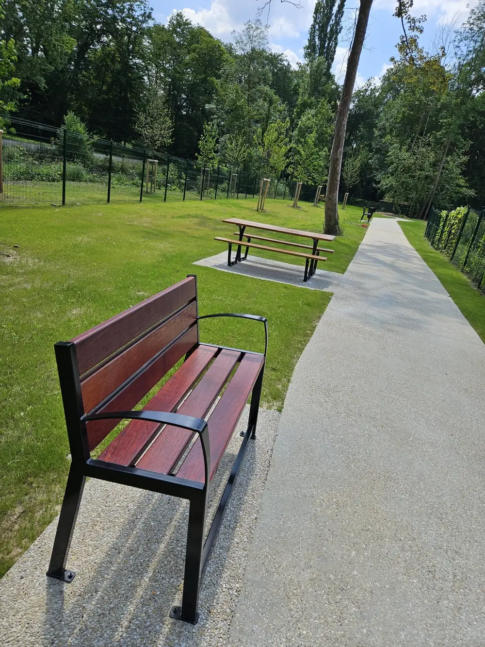 Allée de parc & mobilier — Banc, table pique-nique et cheminement béton.